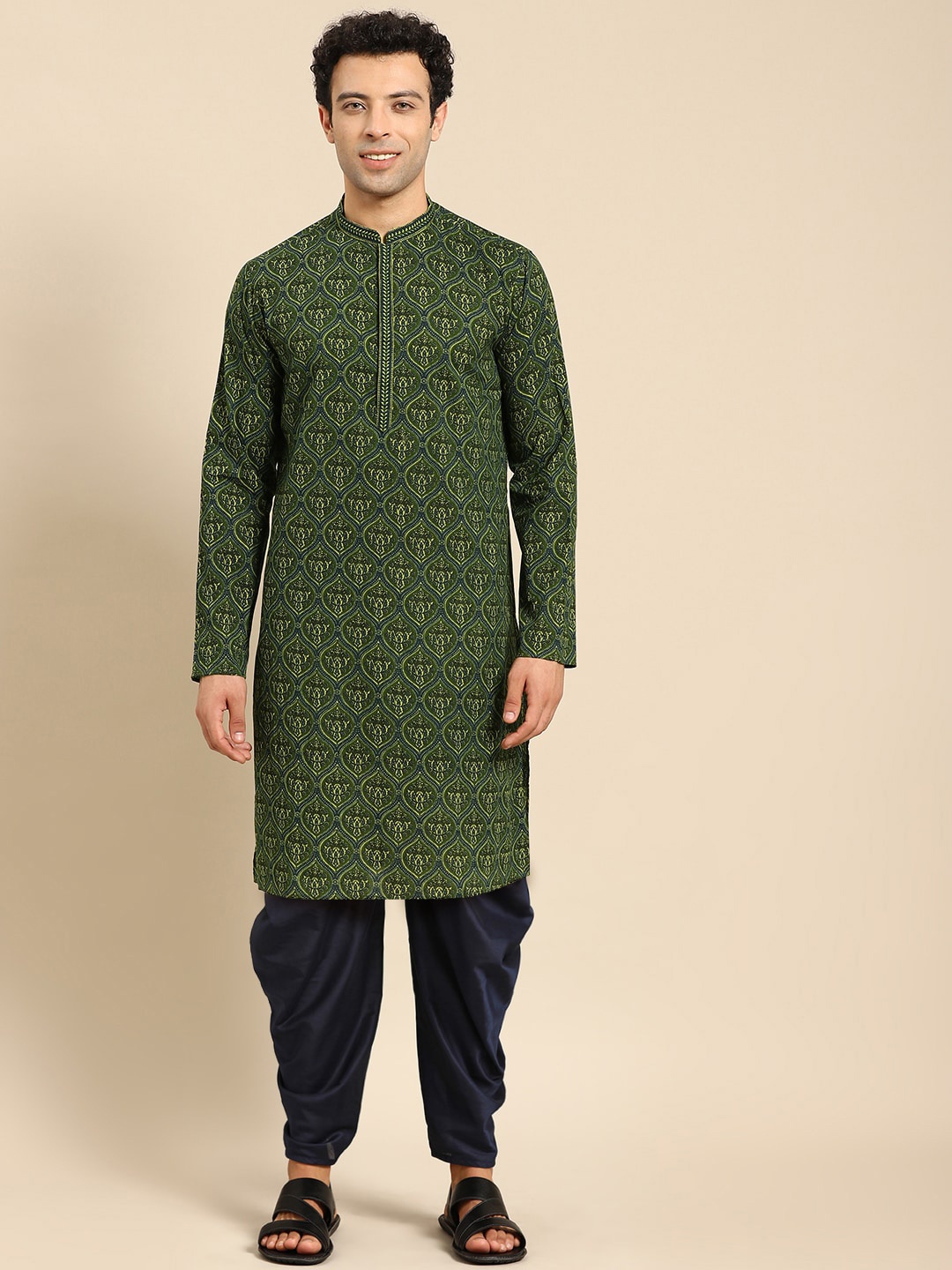 

Anouk Ethnic Motifs Printed Mandarin Collar Straight Kurta with Dhoti Pant, Green