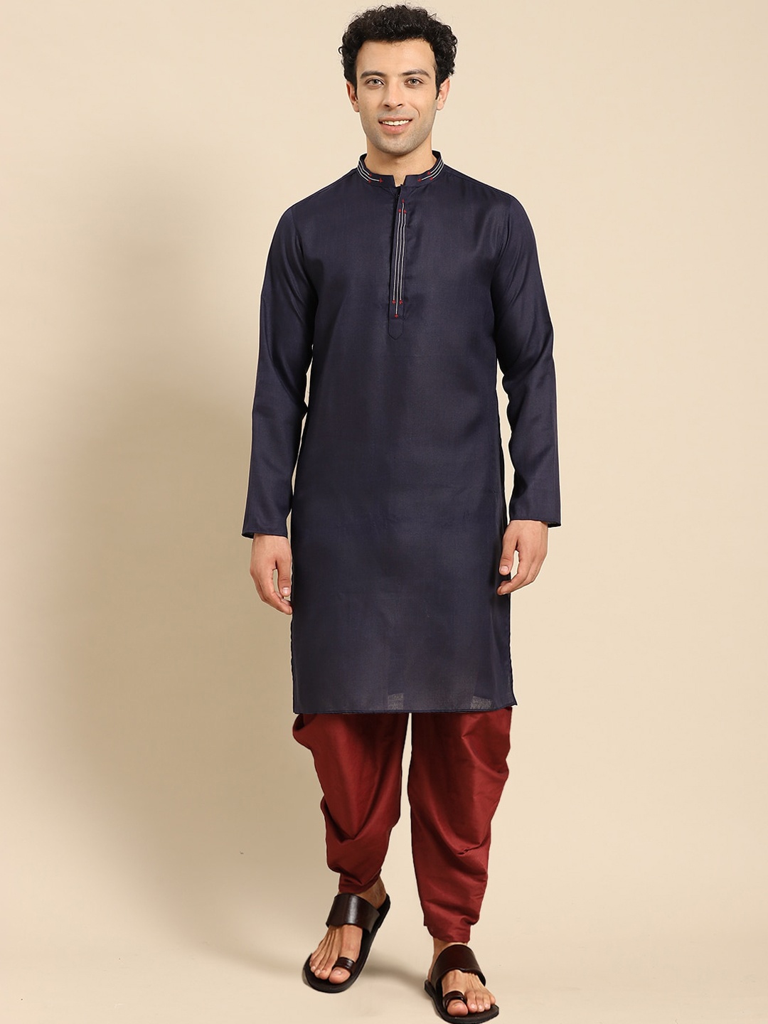 

Anouk Navy Blue Mandarin Collar Straight Kurta with Dhoti Pants