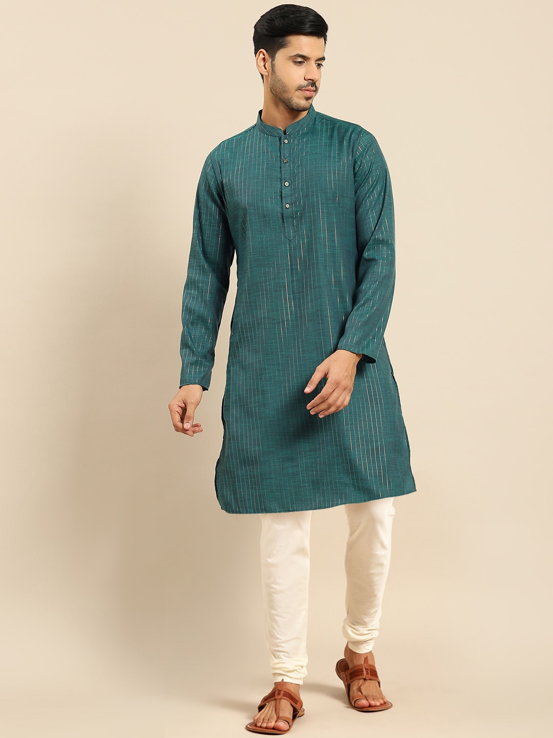 

Anouk Striped Regular Kurta with Trousers, Green