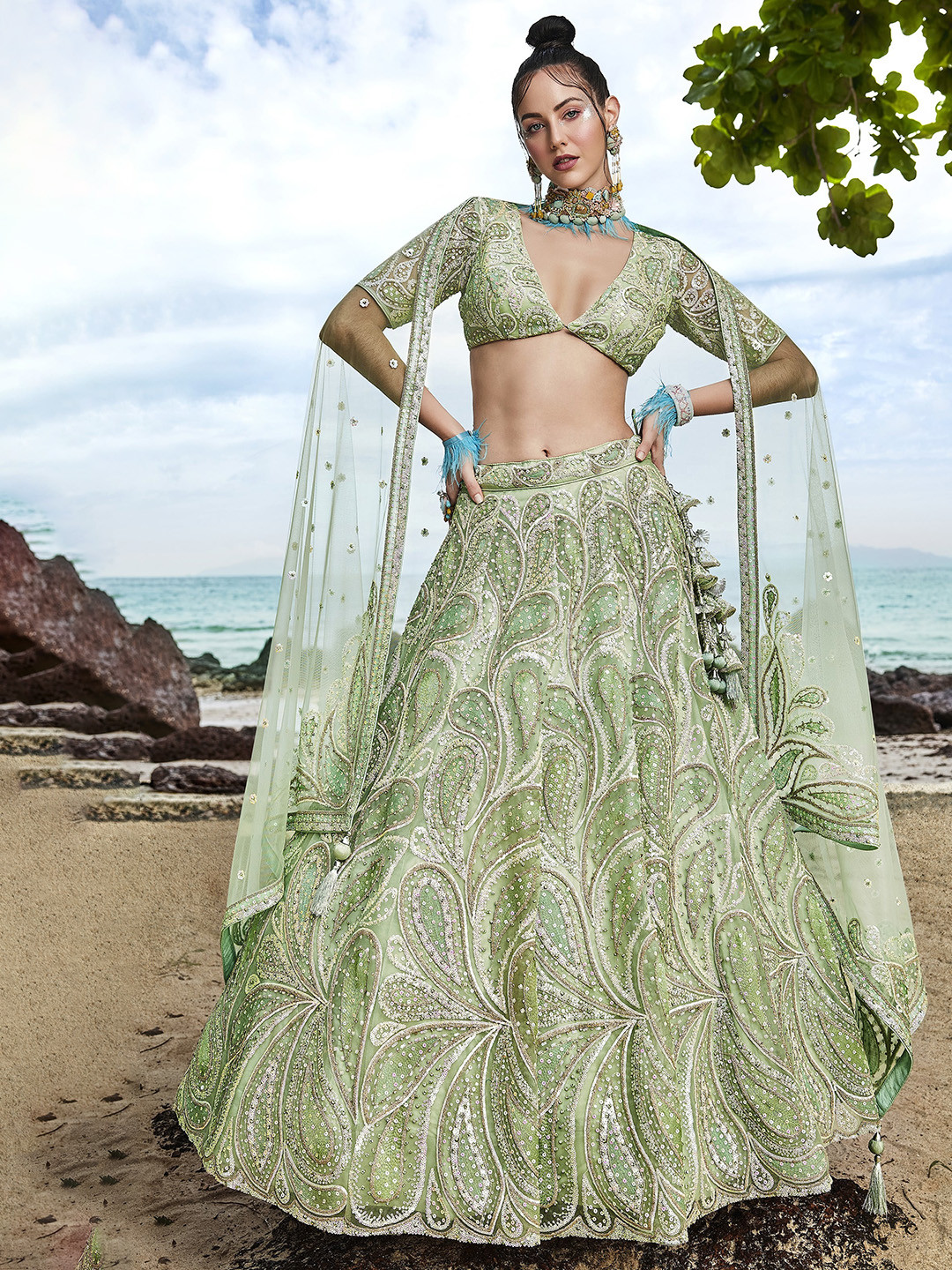 

panchhi Embroidered Sequinned Semi-Stitched Lehenga & Unstitched Blouse With Dupatta, Lime green