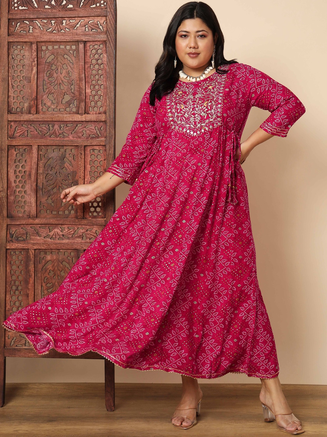 

Vbuyz Bandhani Printed Embroidered A-Line Ethnic Dress, Pink