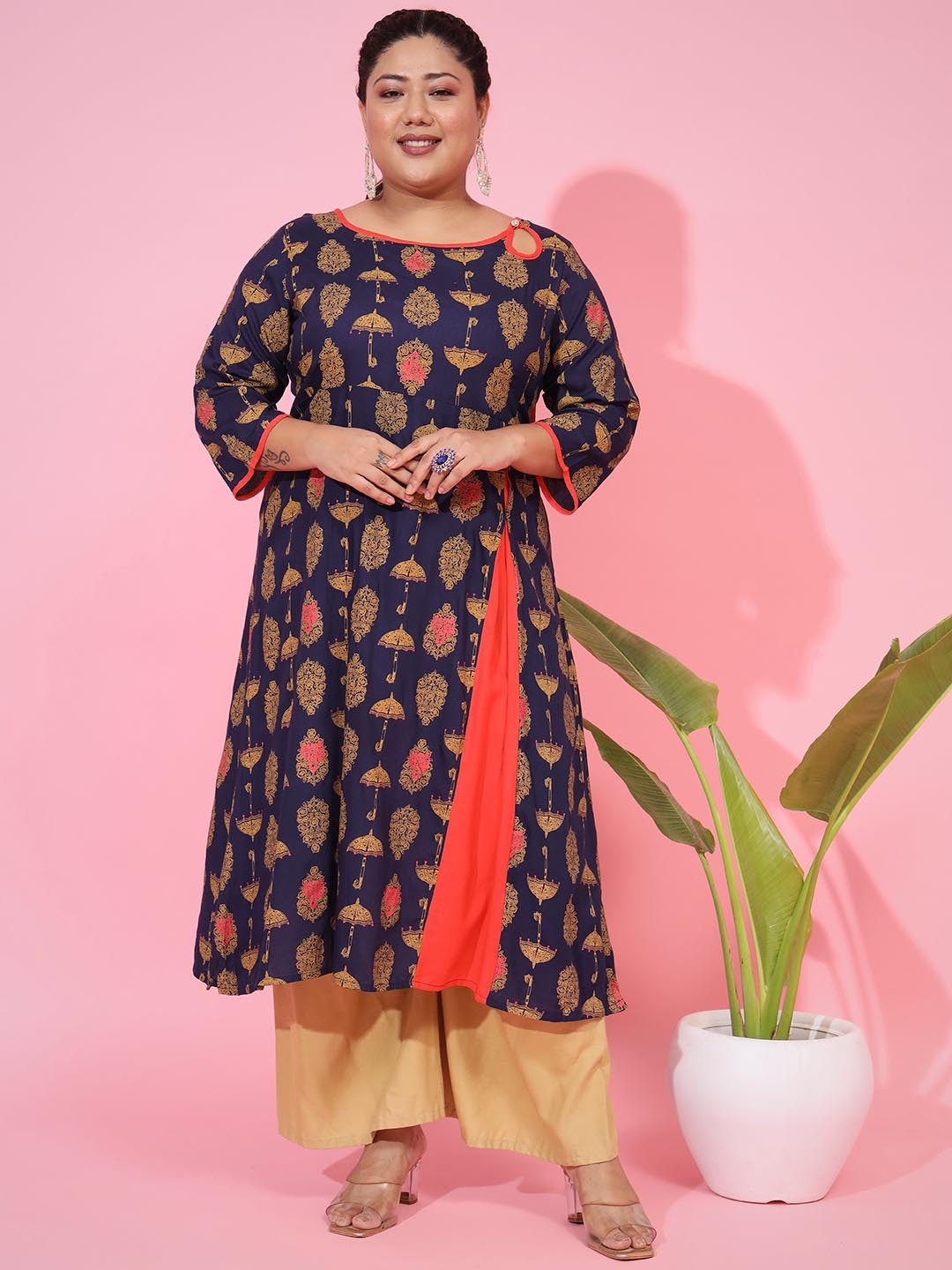 

Vbuyz Plus Size Ethnic Motifs Printed A-Line Kurta, Blue