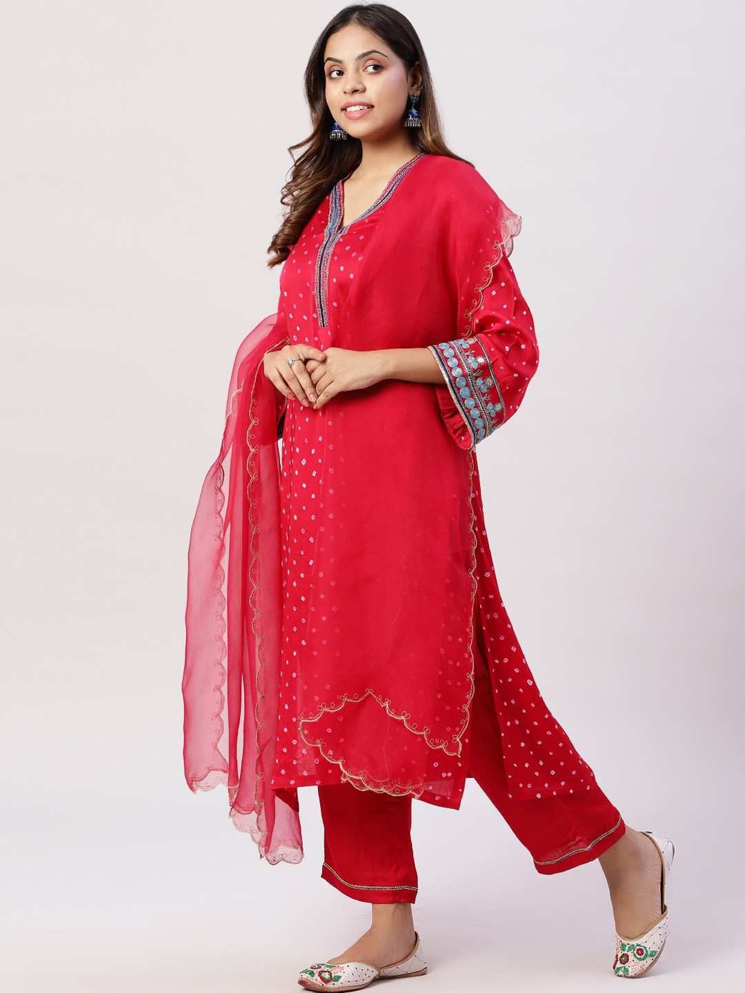 

Spring Soul Bandhani Printed V-Neck Kurta with Trousers & Dupatta, Fuchsia