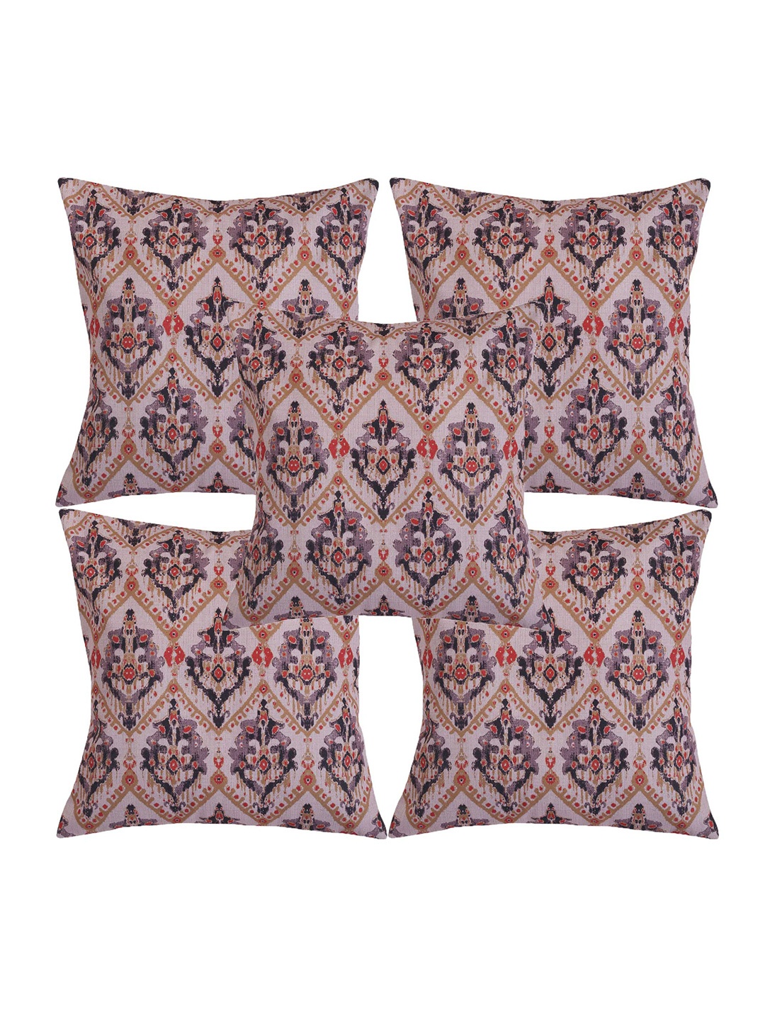 Alina decor Beige & Purple 5 Pieces Ethnic Motifs Square Cushion Covers