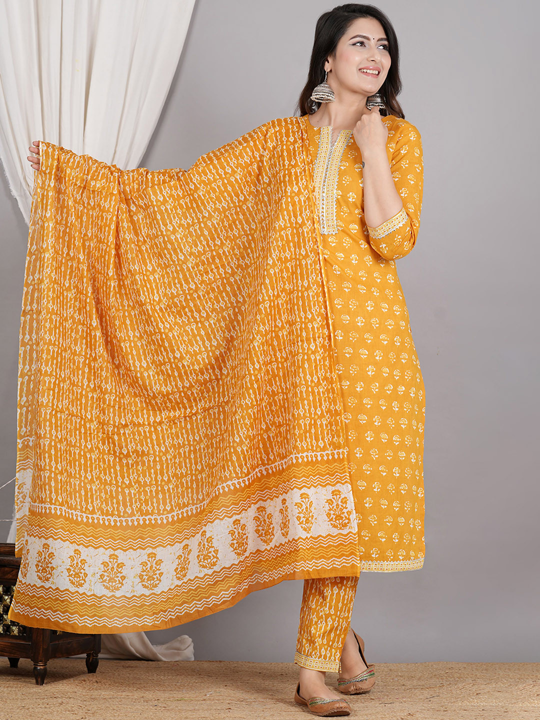 

ZOYOTO Ethnic Motifs Printed Sequinned Pure Cotton Kurta With Trousers & Dupatta, Yellow