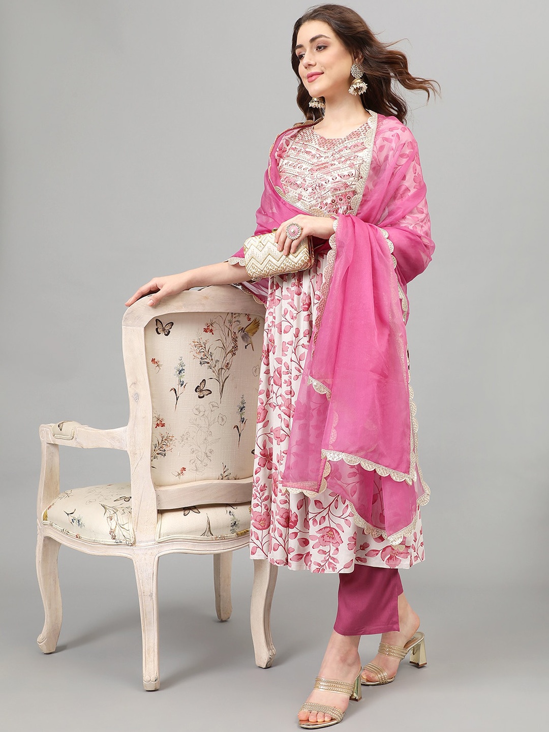 

Khushal K Floral Printed Thread Work Kurta & Trousers With Dupatta, Pink