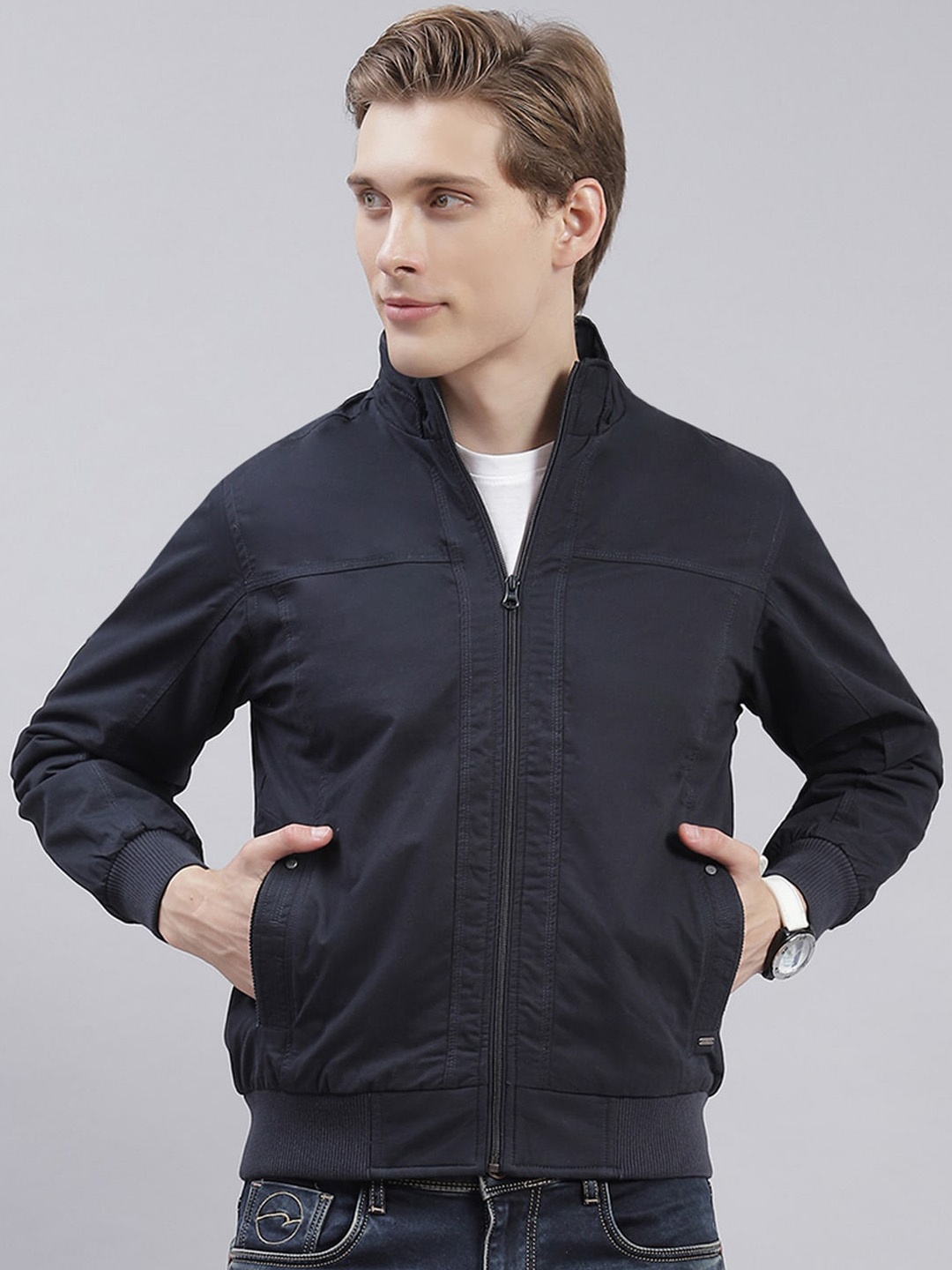 

Monte Carlo Stand Collar Long Sleeve Lightweight Cotton Bomber Jacket, Navy blue