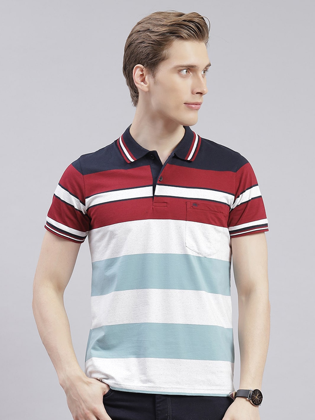 

Monte Carlo Striped Polo Collar T-shirt, Maroon