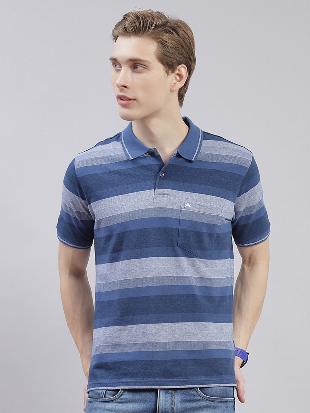 

Monte Carlo Striped Polo Collar T-shirt, Blue
