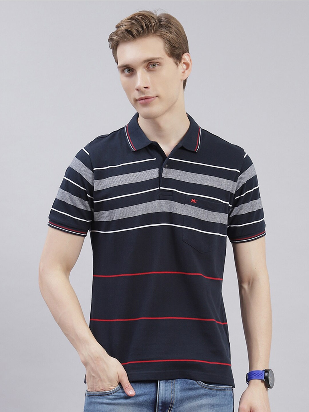 

Monte Carlo Striped Polo Collar T-shirt, Navy blue