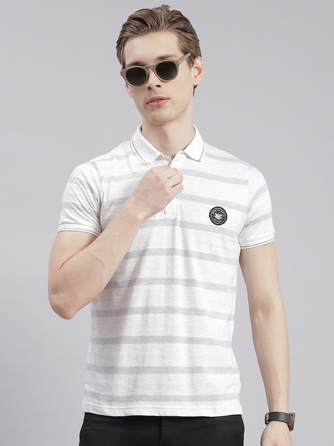 

Monte Carlo Striped Polo Collar T-shirt, Off white