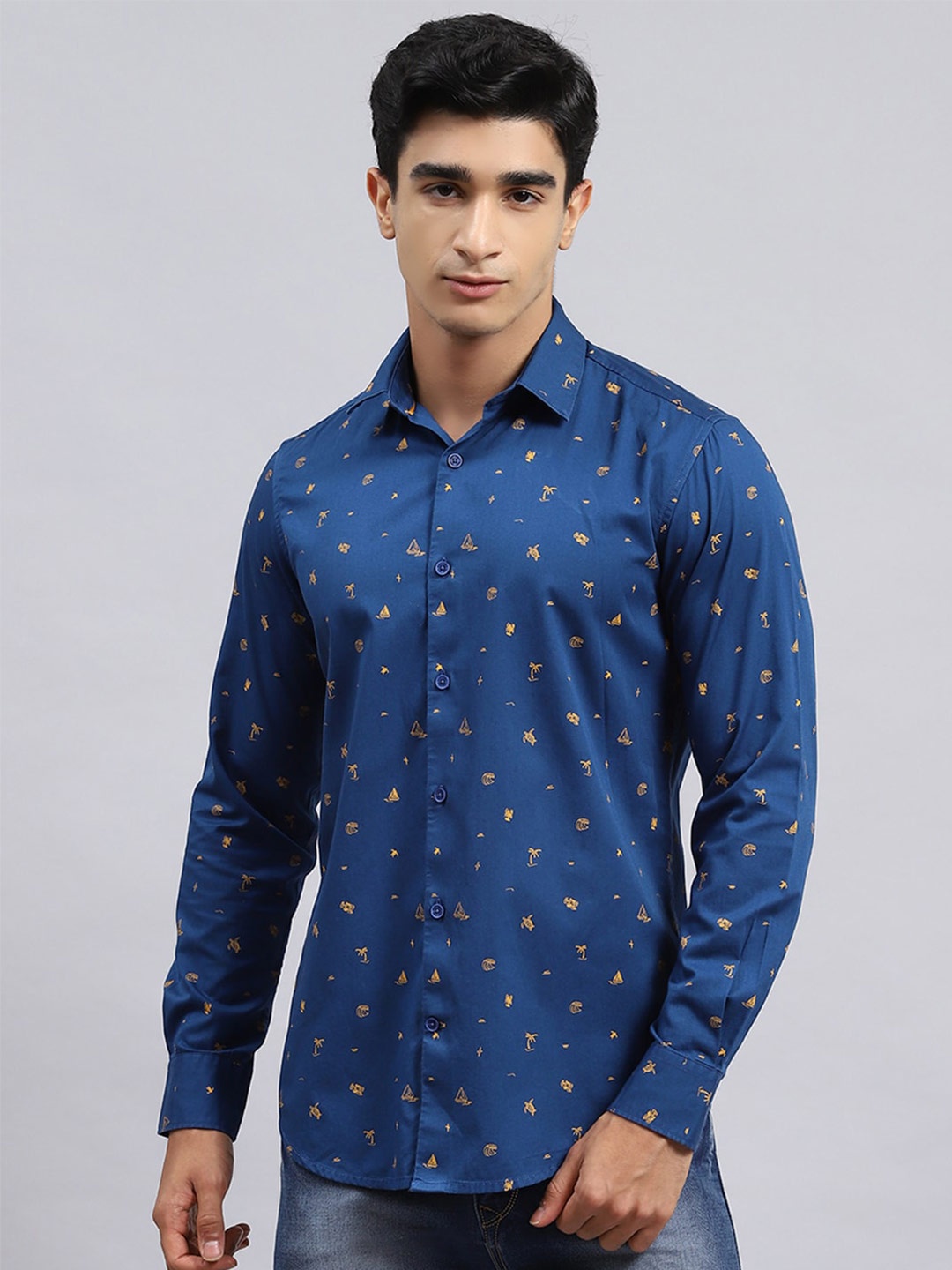 

Monte Carlo Conversational Printed Spread Collar Cotton Casual Shirt, Teal