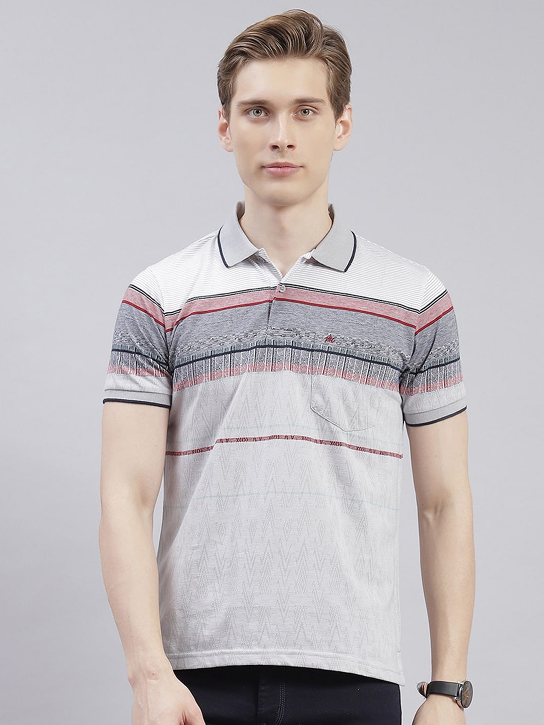 

Monte Carlo Striped Polo Collar Pocket Detail T-shirt, Grey