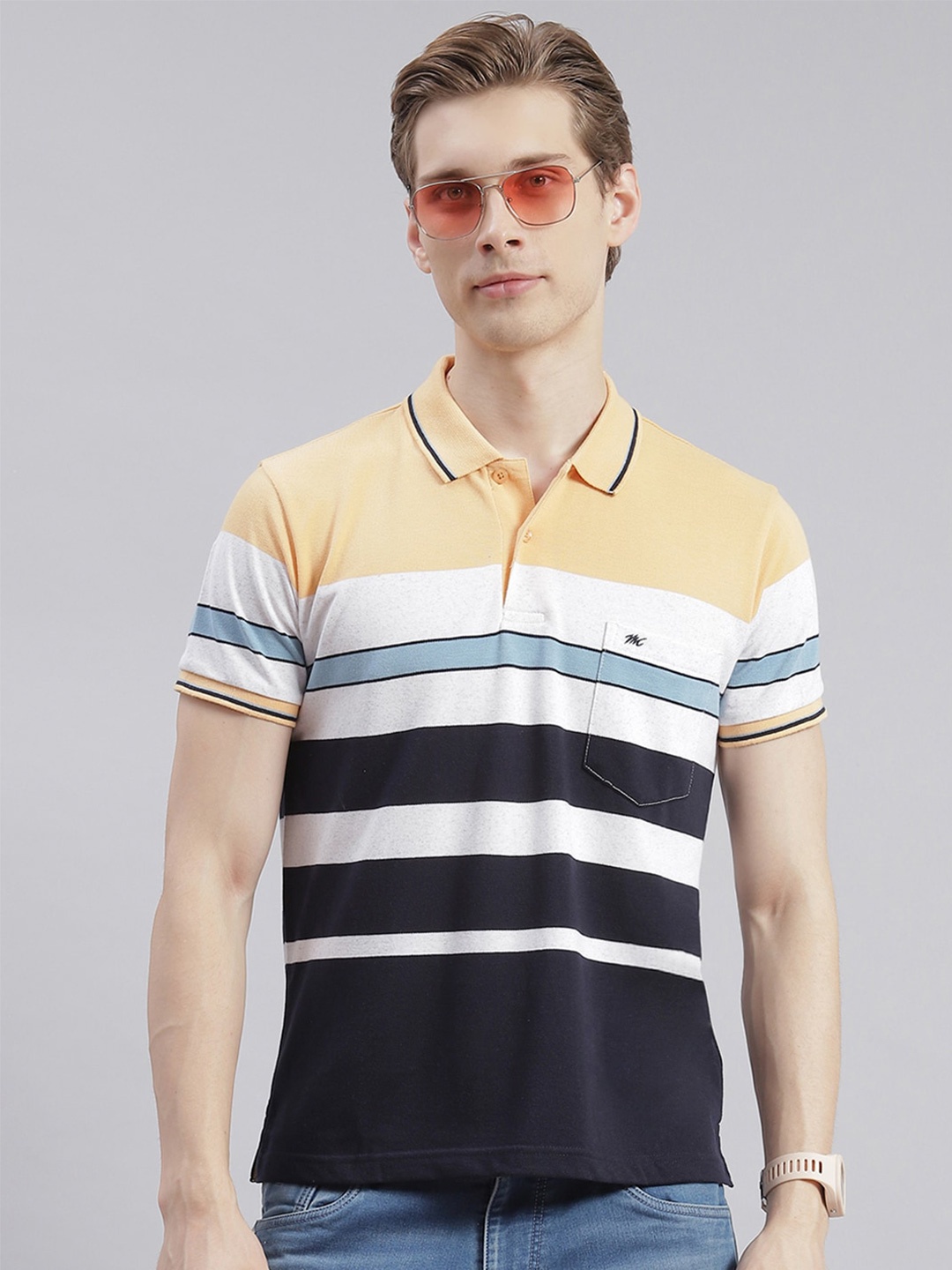

Monte Carlo Striped Polo Collar Pocket Detail T-shirt, Navy blue