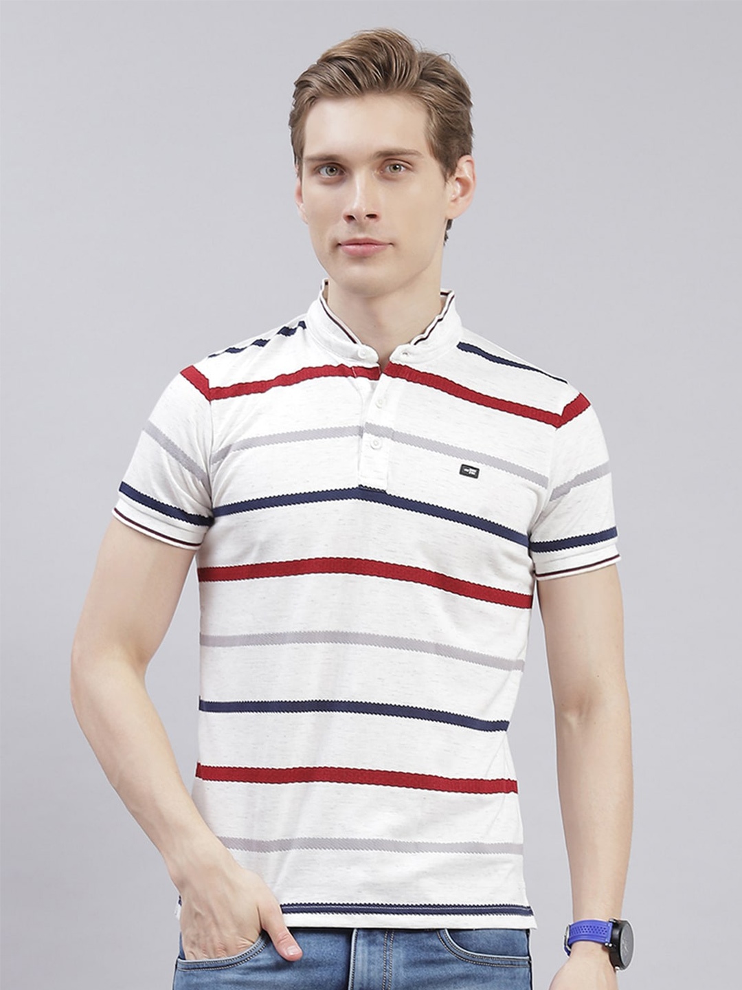 

Monte Carlo Striped Polo Collar T-shirt, White