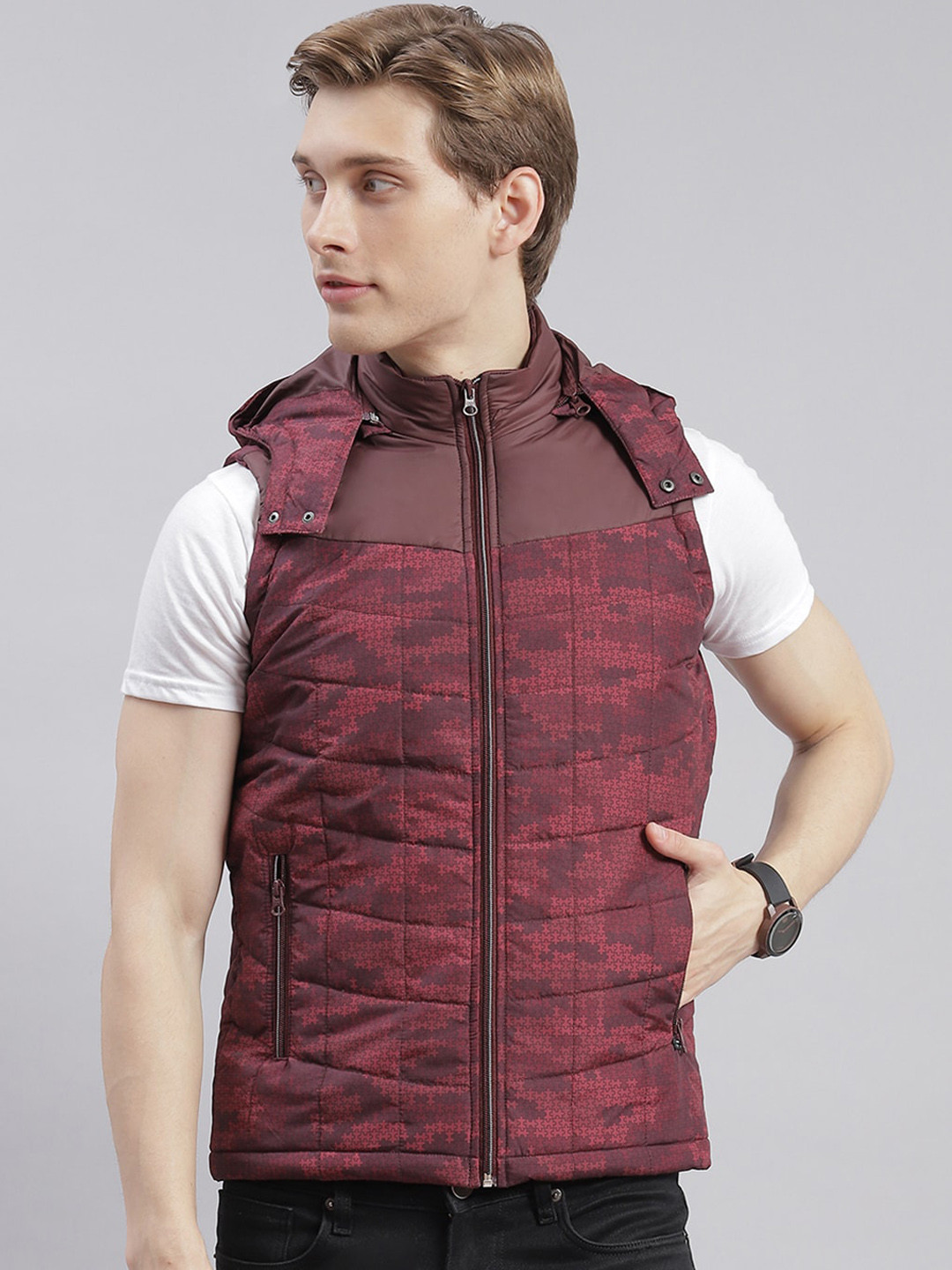 

Monte Carlo Abstract Printed Hooded Lightweight Quilted Jacket, Maroon