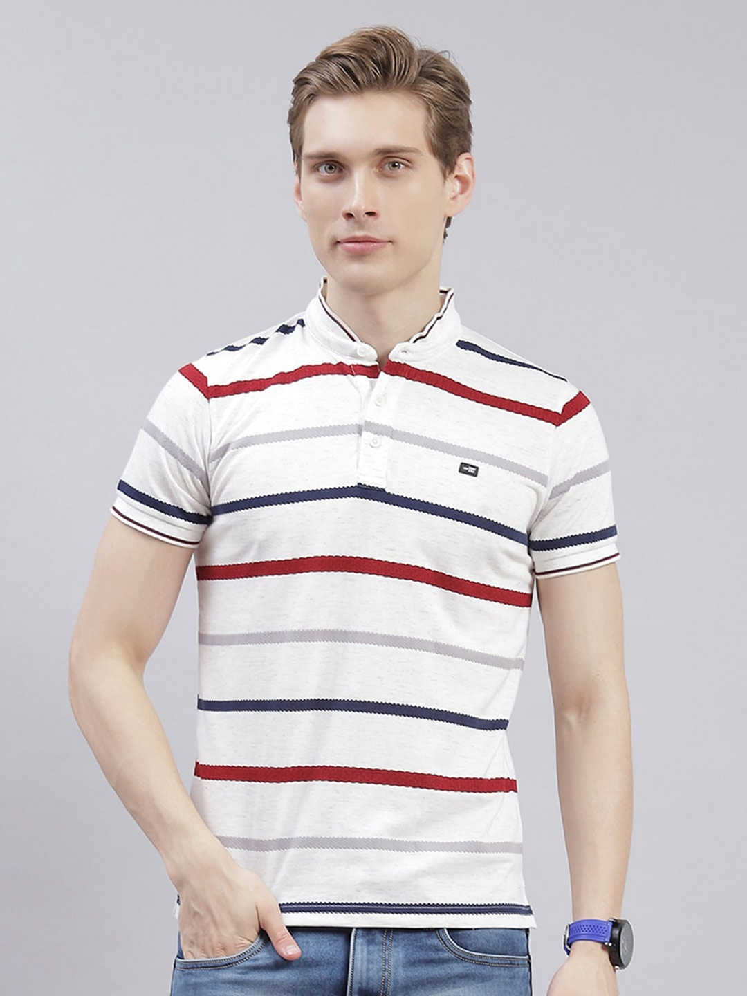 

Monte Carlo Striped Short Sleeves Polo Collar T-shirt, White