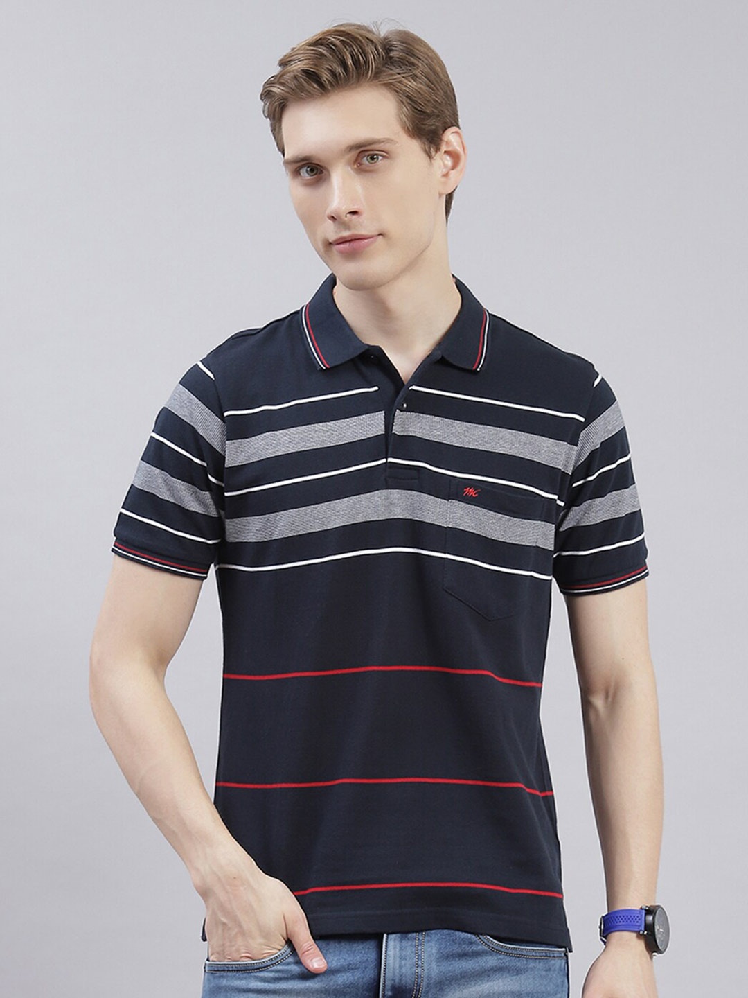 

Monte Carlo Striped Polo Collar T-shirt, Navy blue