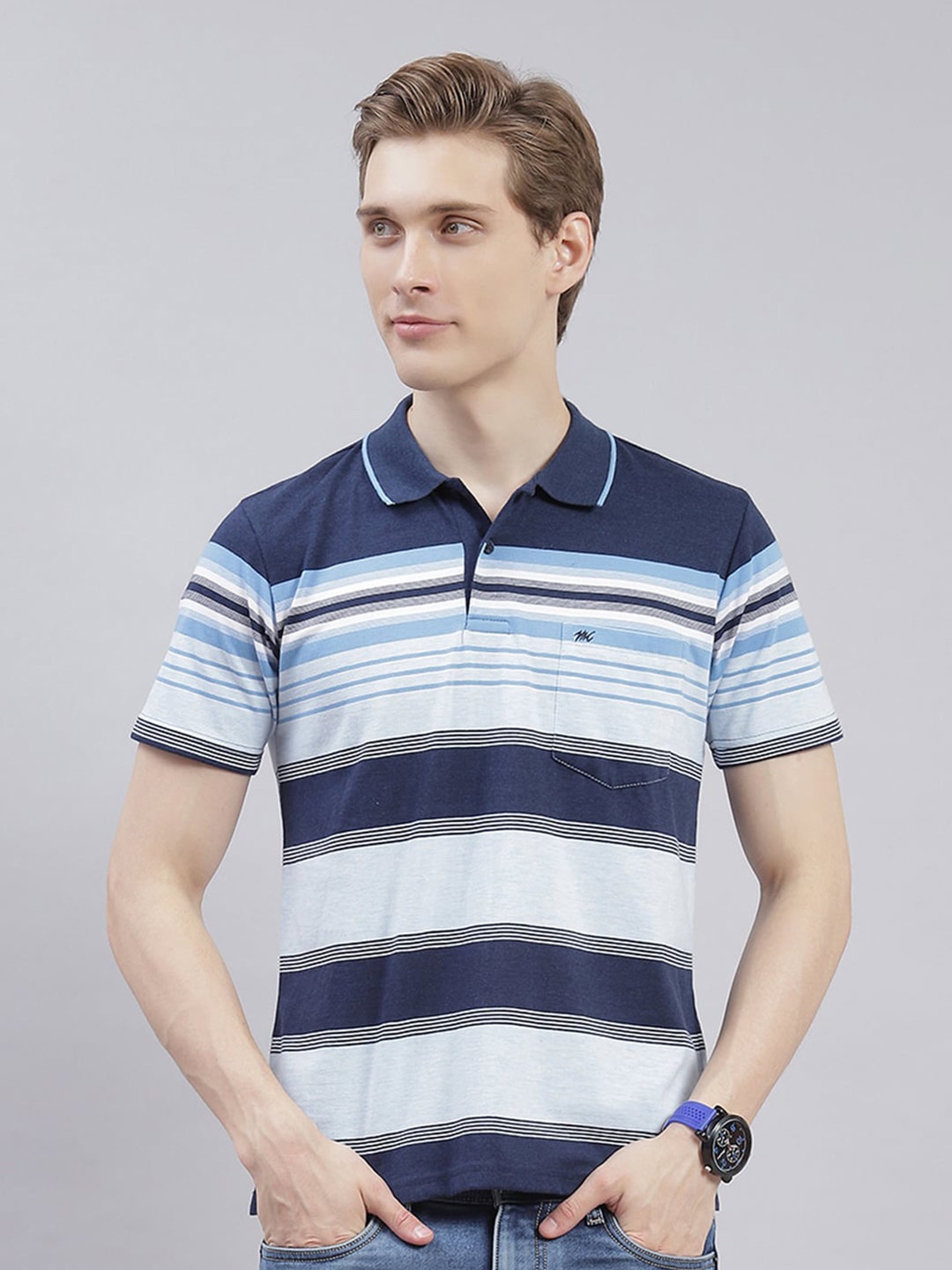 

Monte Carlo Striped Polo Collar T-shirt, Navy blue