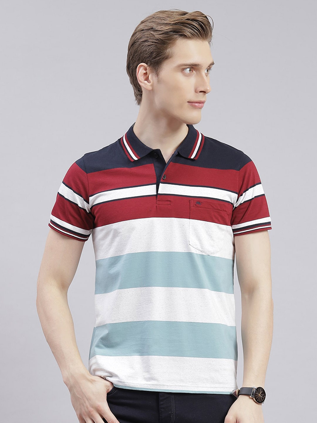 

Monte Carlo Striped Polo Collar T-shirt, Maroon