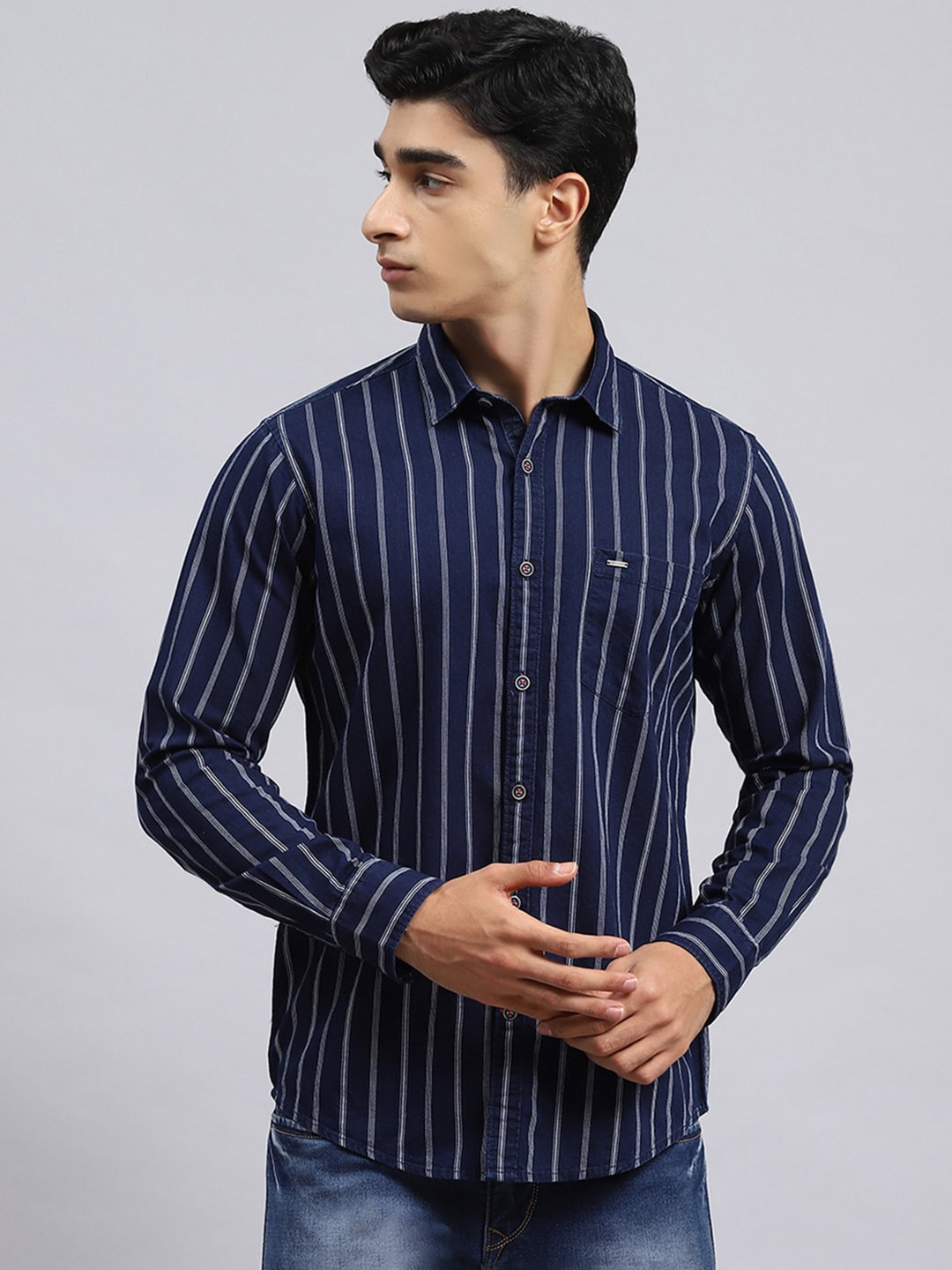 

Monte Carlo Classic Vertical Stripes Pure Cotton Casual Shirt, Navy blue