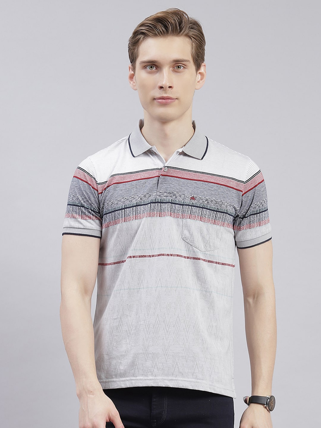 

Monte Carlo Striped Polo Collar T-Shirt, Grey