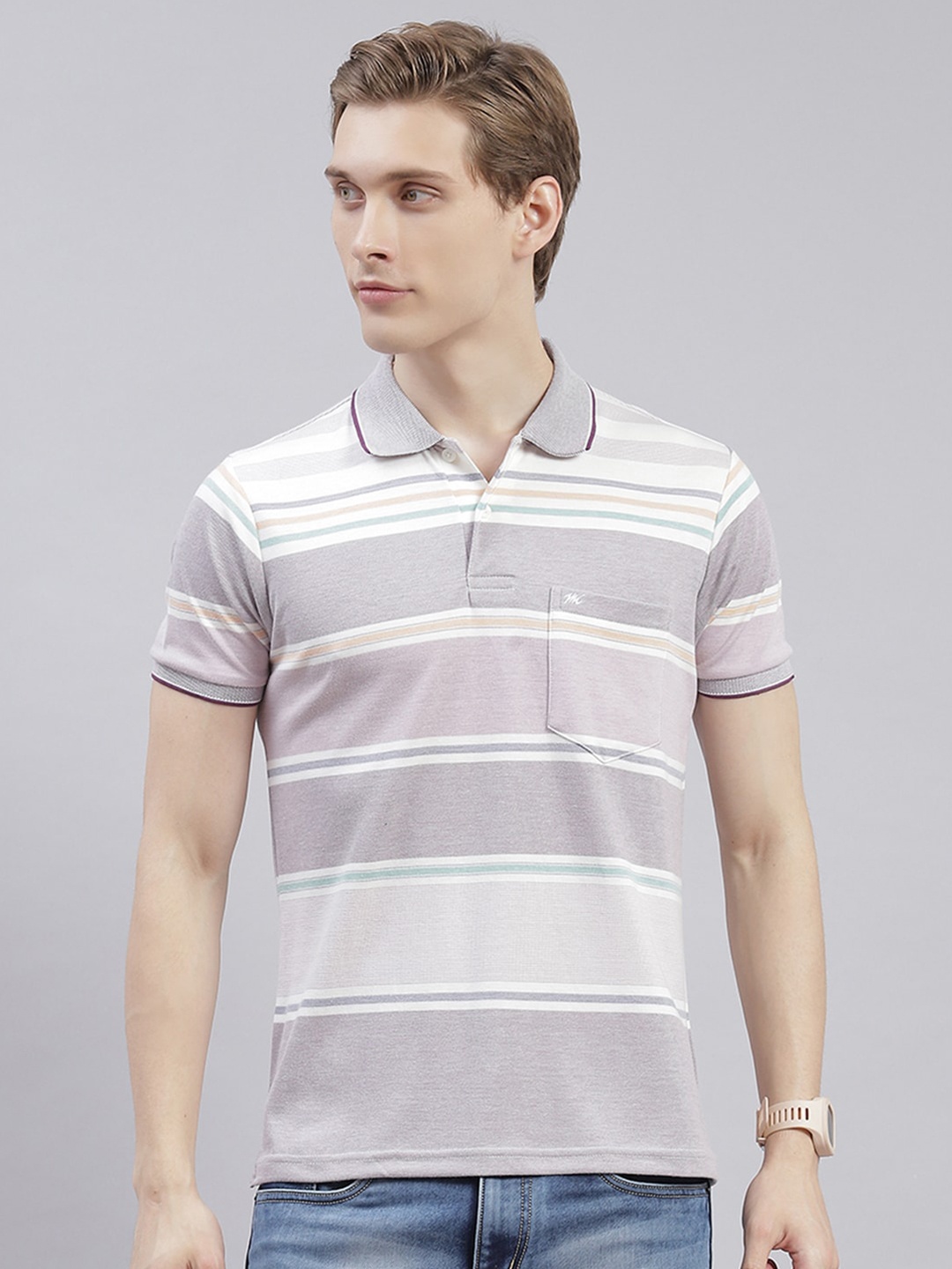 

Monte Carlo Striped Polo Collar Casual T-shirt, Purple