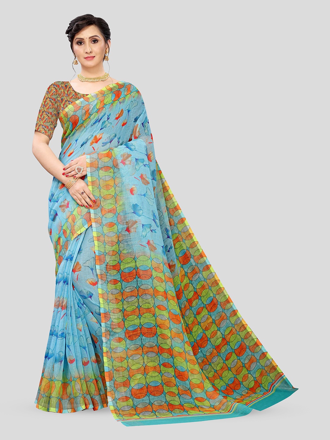 

Fevinaa Floral Printed Pure Linen Saree, Blue