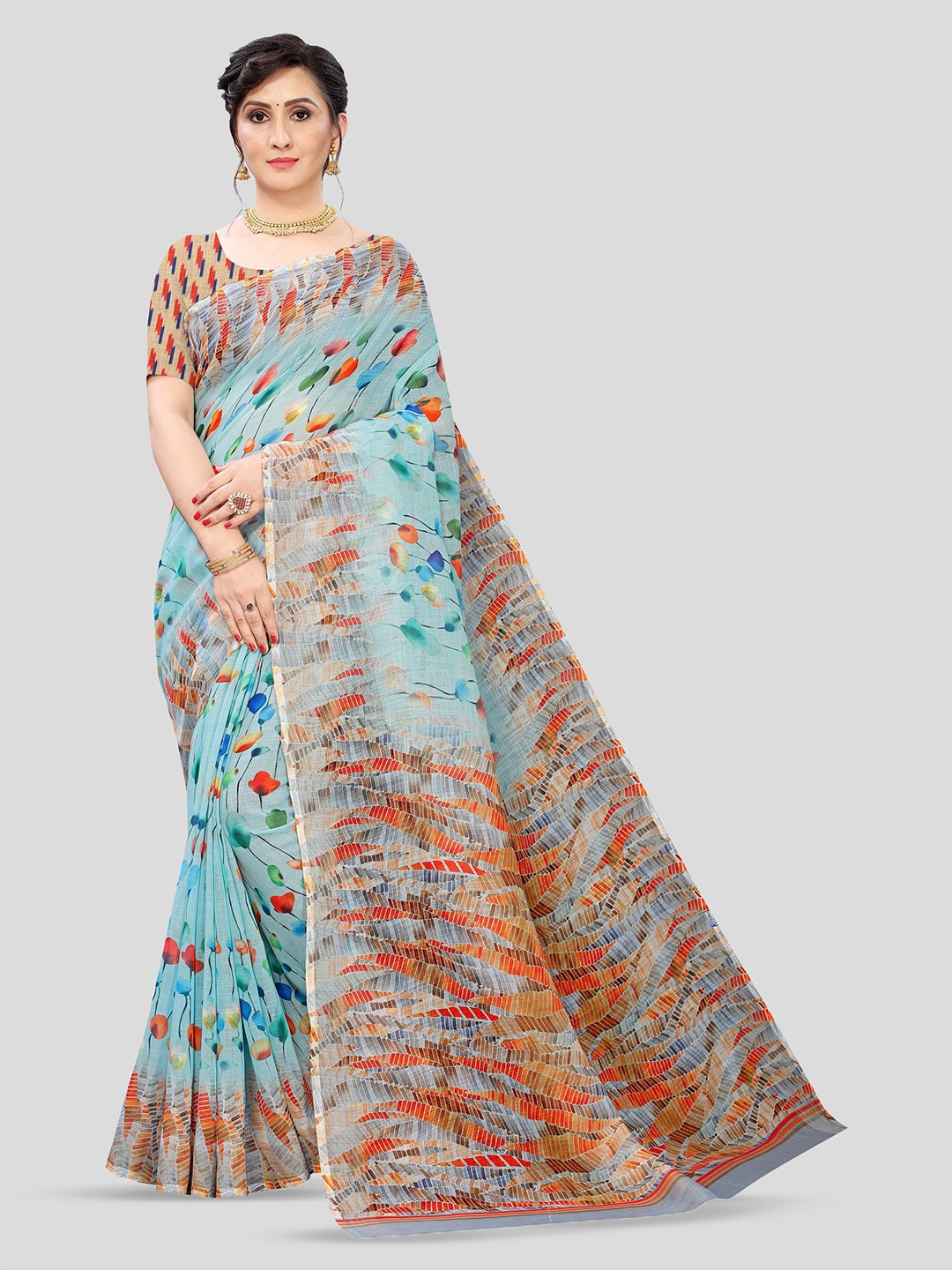 

Fevinaa Floral Printed Pure Linen Saree, Blue