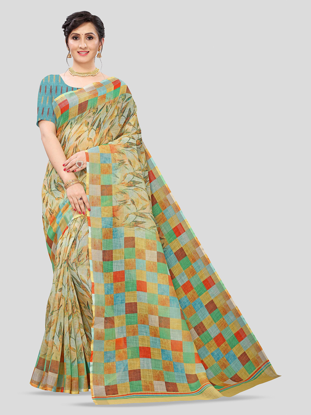 

Fevinaa Printed Pure Linen Saree, Green