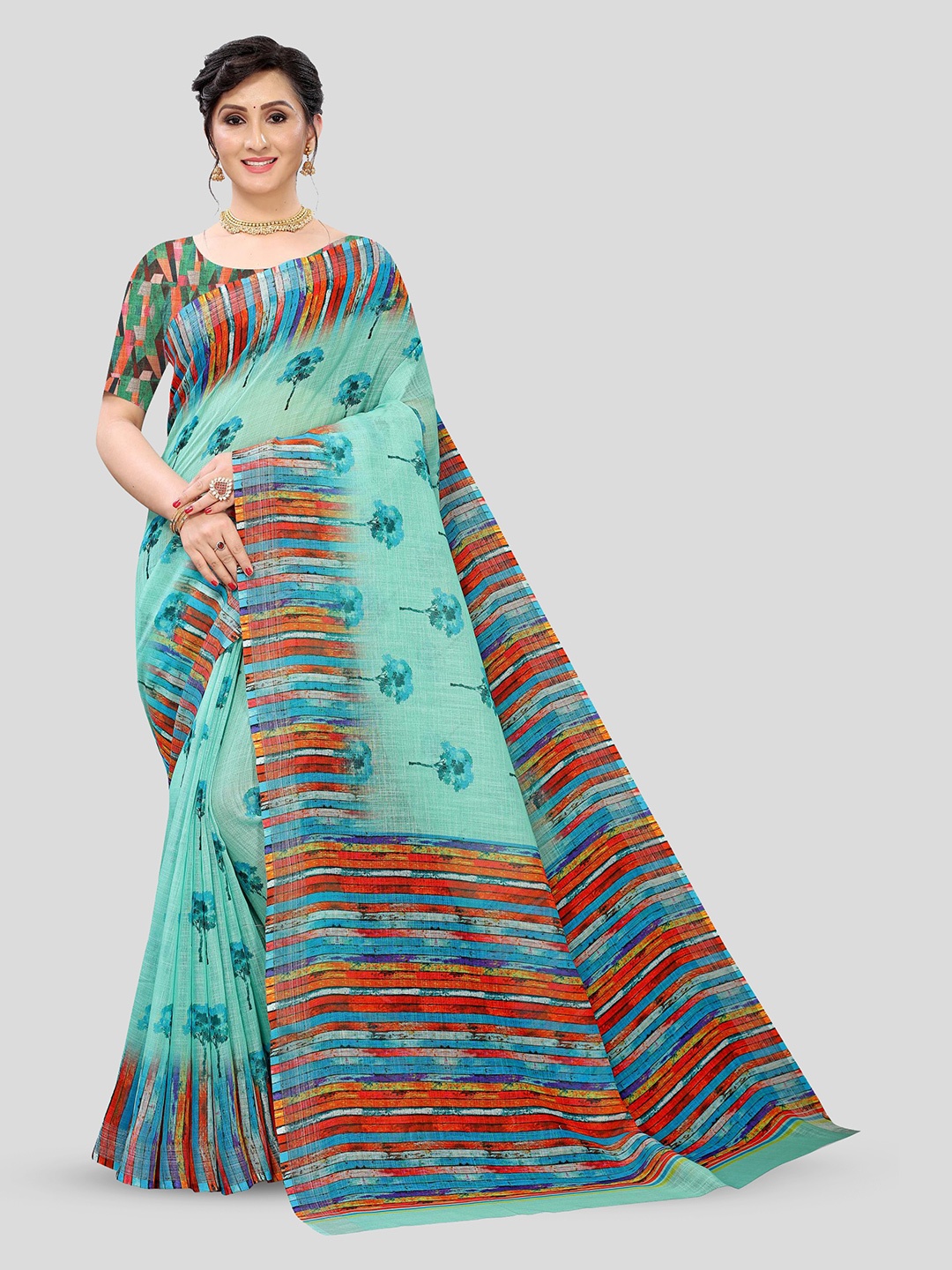 

Fevinaa Floral Printed Pure Linen Saree, Blue