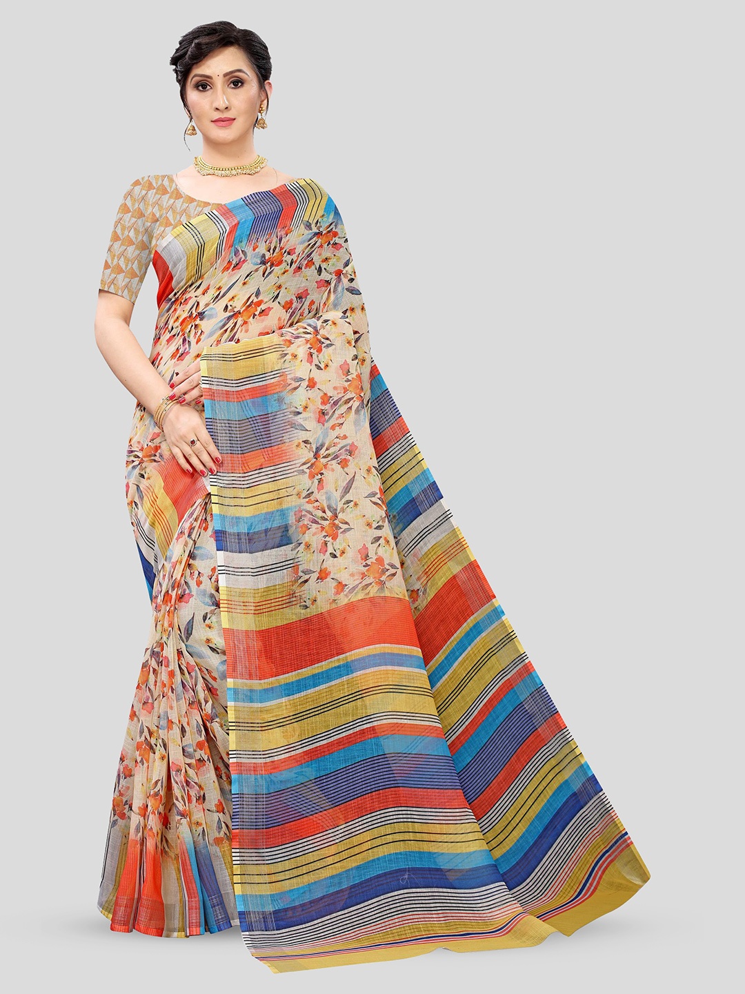 

Fevinaa Floral Printed Pure Linen Saree, Beige