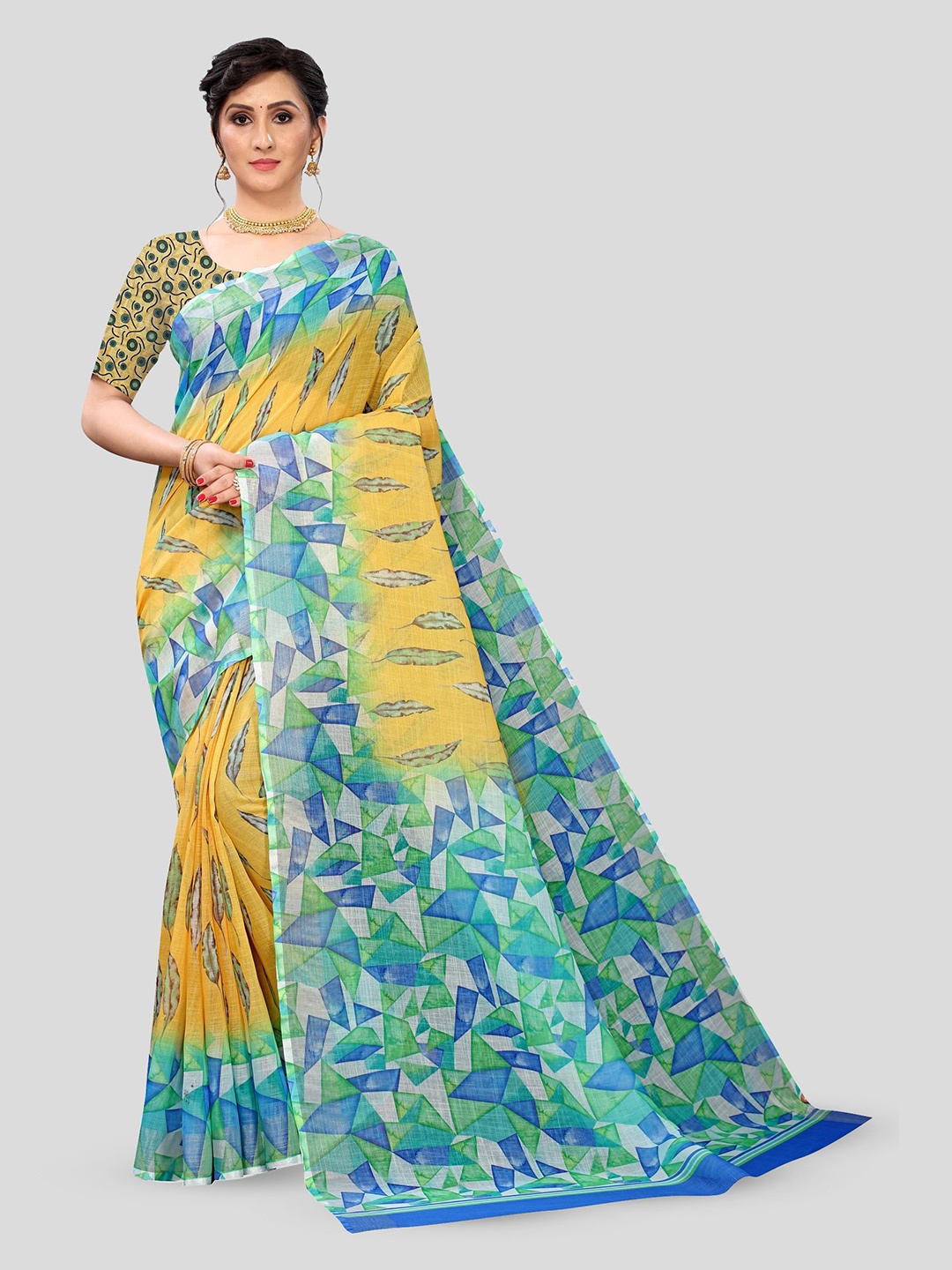 

Fevinaa Floral Printed Pure Linen Saree, Yellow