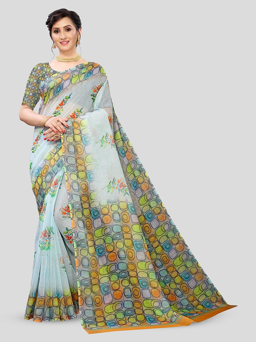 

Fevinaa Floral Printed Pure Linen Saree, Blue