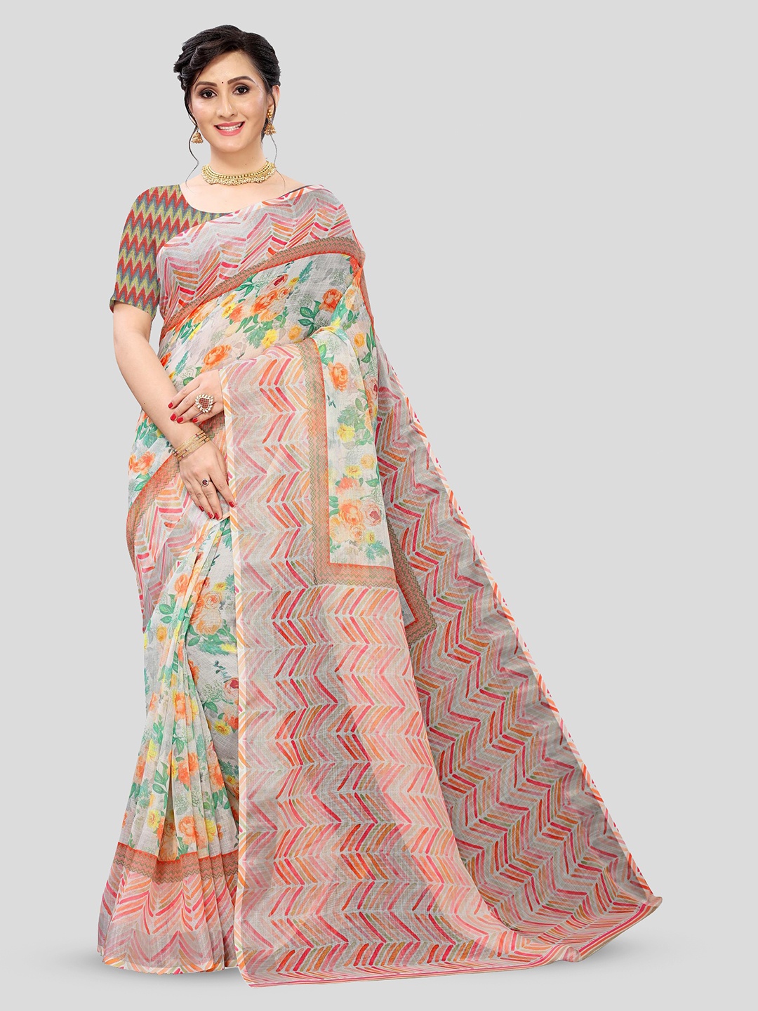 

Fevinaa Floral Printed Pure Linen Saree, White