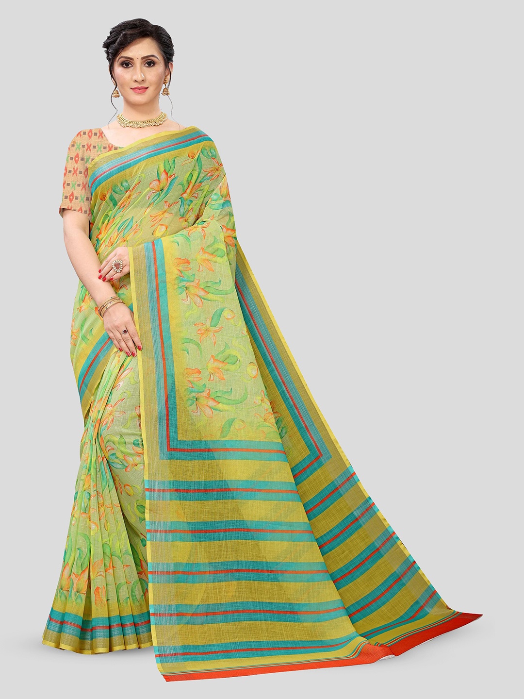 

Fevinaa Floral Printed Pure Linen Saree, Yellow