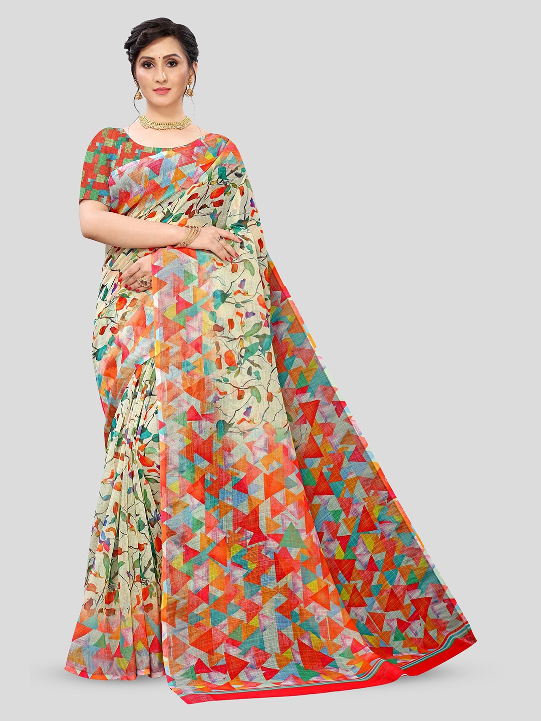 

Fevinaa Floral Printed Pure Linen Saree, Beige