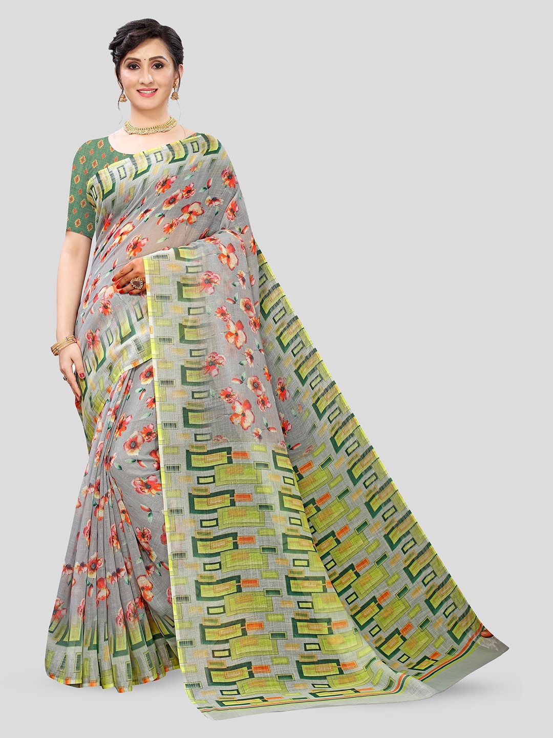 

Fevinaa Floral Printed Pure Linen Saree, Grey