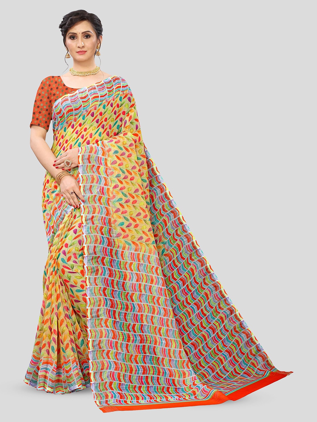 

Fevinaa Floral Printed Pure Linen Saree, Yellow