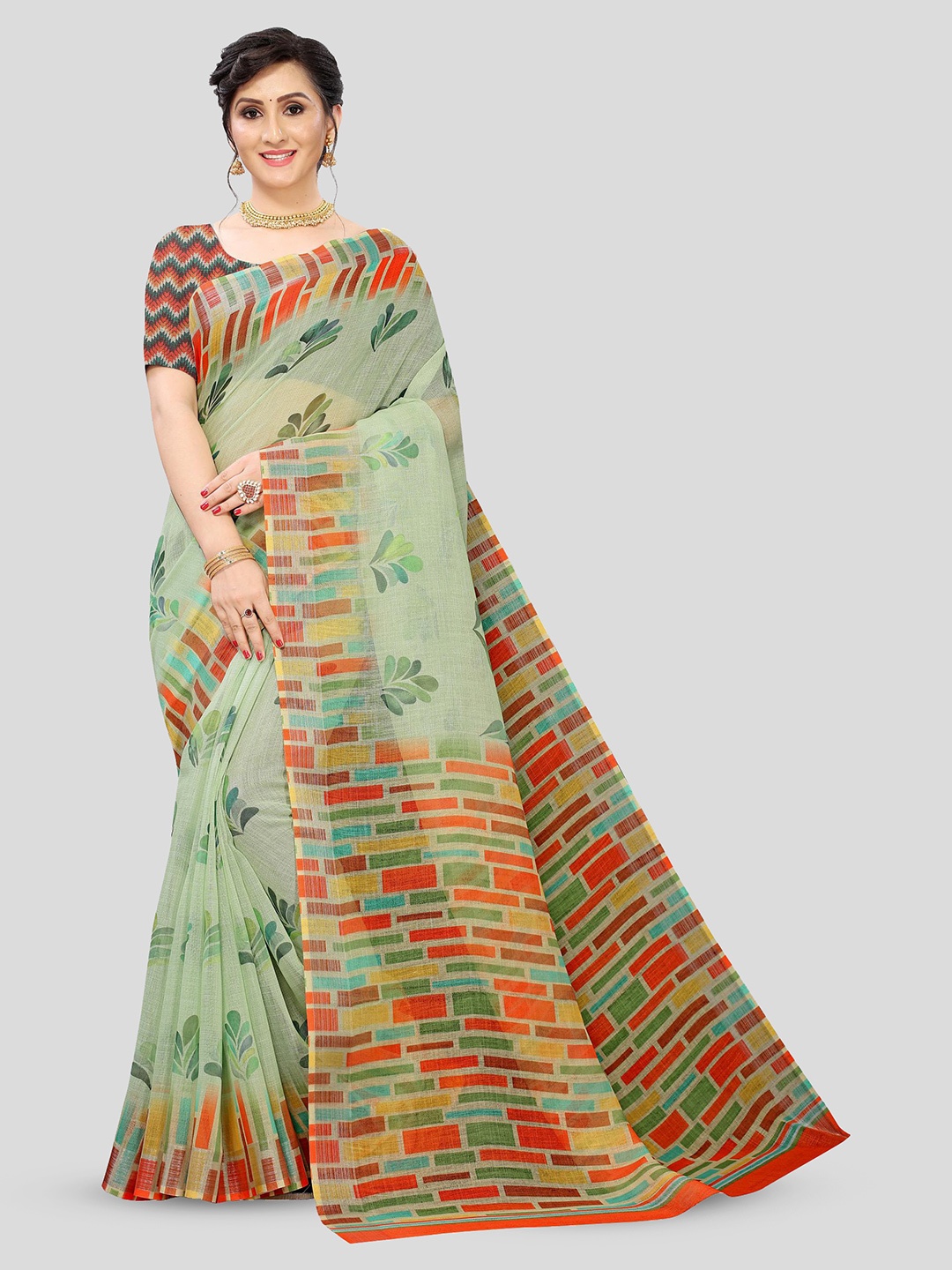 

Fevinaa Printed Pure Linen Saree, Green