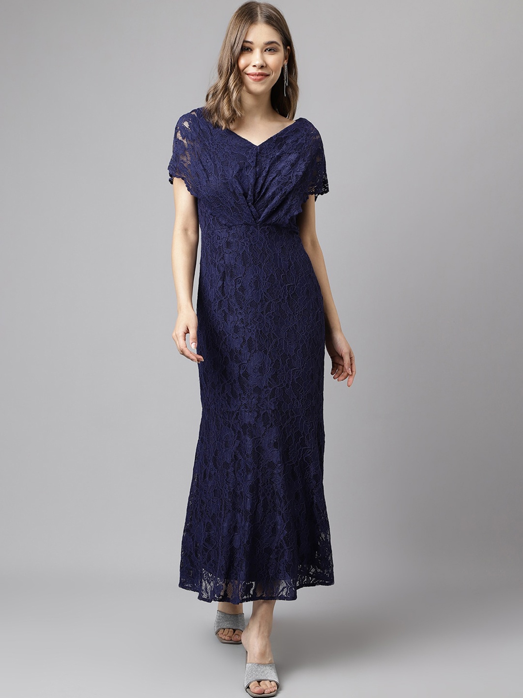

Latin Quarters Self Designed V-Neck Extended Sleeves Sheath Dress, Navy blue