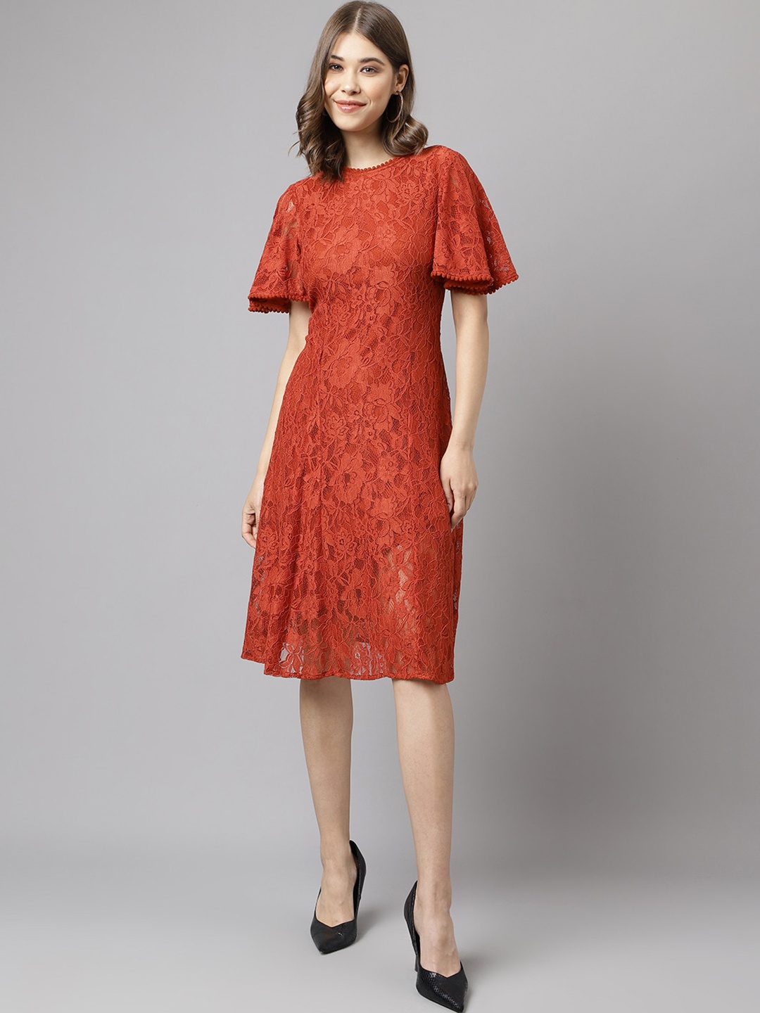 

Latin Quarters Self Designed Flared Sleeve A-Line Dress, Rust