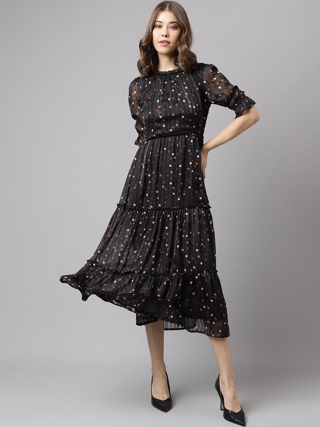 

Latin Quarters Polka Dots Printed Puff Sleeve Tiered A-Line Dress, Black