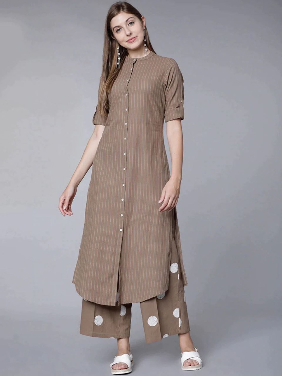 

AARYAHI Striped Band Collar Roll-Up Sleeves Pure Cotton Straight Kurta & Palazzos, Brown