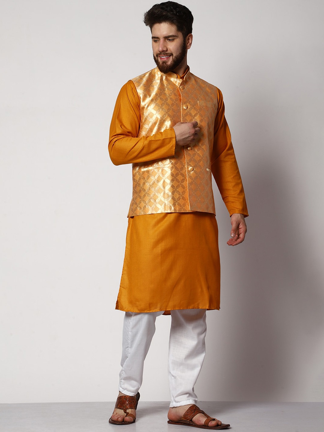 

MAG Straight Kurta With Pyjamas & Nehru jacket, Mustard
