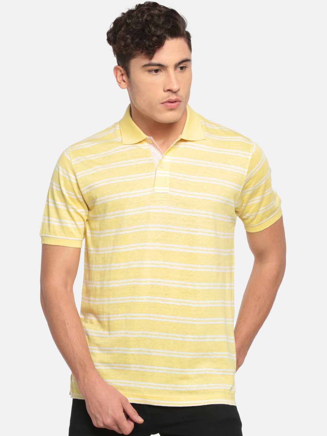 

ColorPlus Men Yellow & White Striped Polo Collar Linen T-shirt