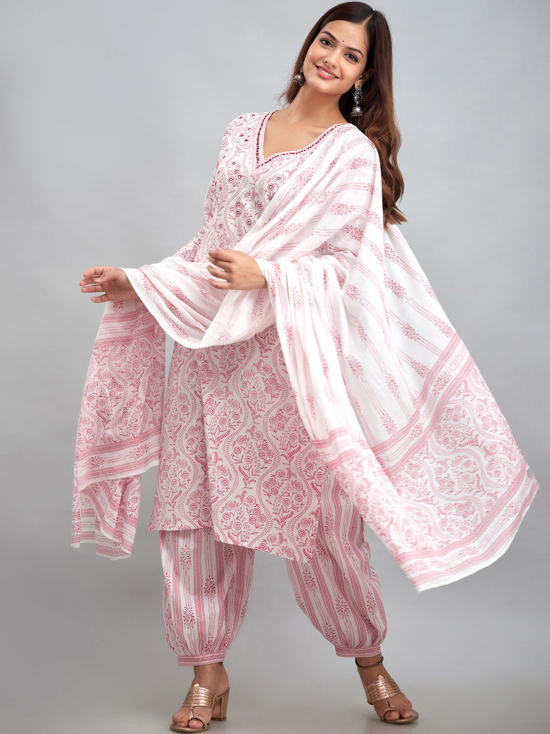 

KALINI Floral Printed Mirror Work Pure Cotton Kurta with Patiala & With Dupatta, White