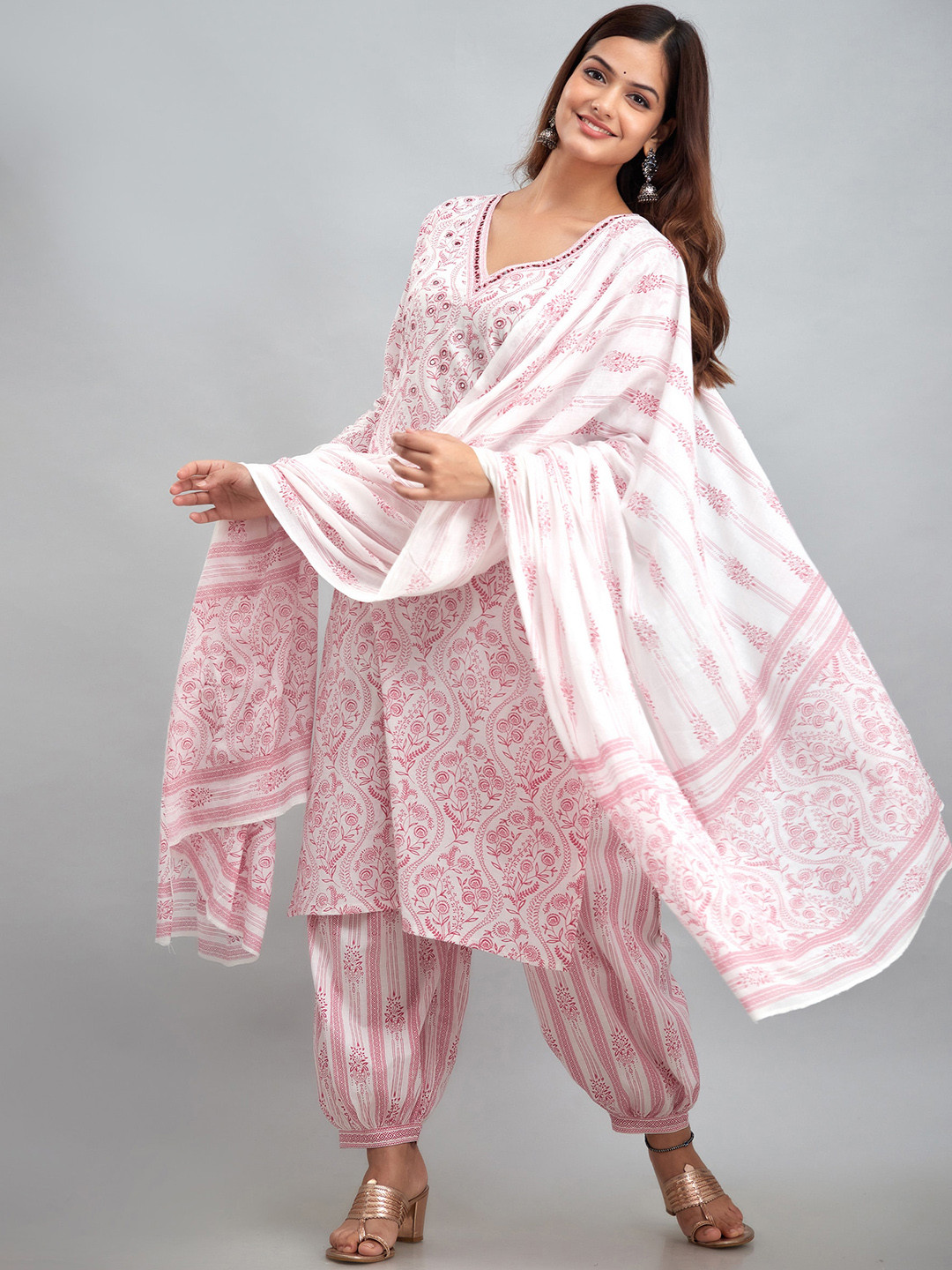 

KALINI Ethnic Motifs Printed Mirror Work Pure Cotton Kurta with Patiala & Dupatta, White