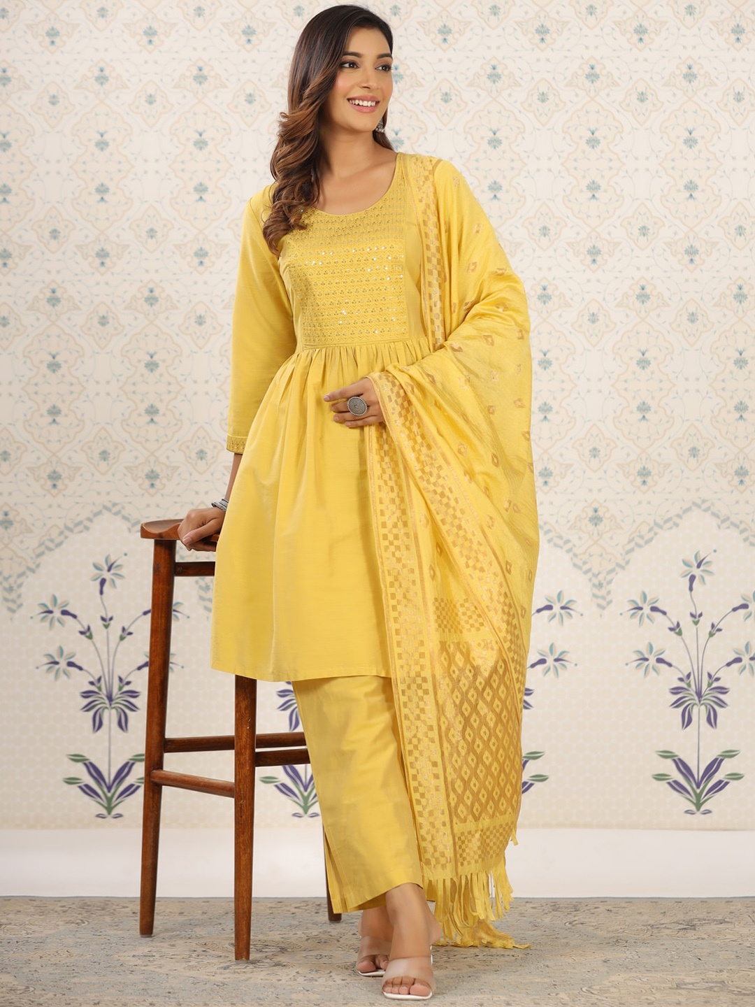 

Ode by House of Pataudi Ethnic Motifs Yoke Design Sequinned Kurta with Trousers & Dupatta, Yellow