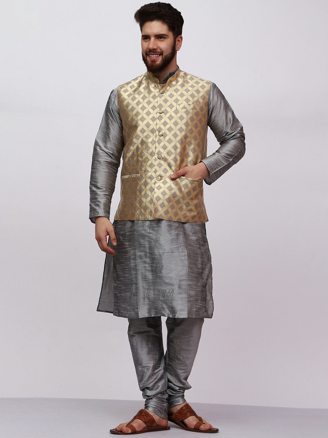 

MAG Men Green Regular Dupion Silk Kurta Set with Box Jacket, Grey